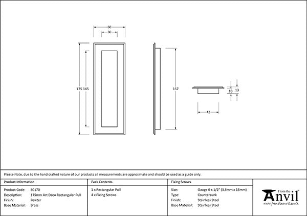 Pewter 175mm Art Deco Rectangular Pull