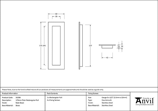 Matt Black 175mm Plain Rectangular Pull