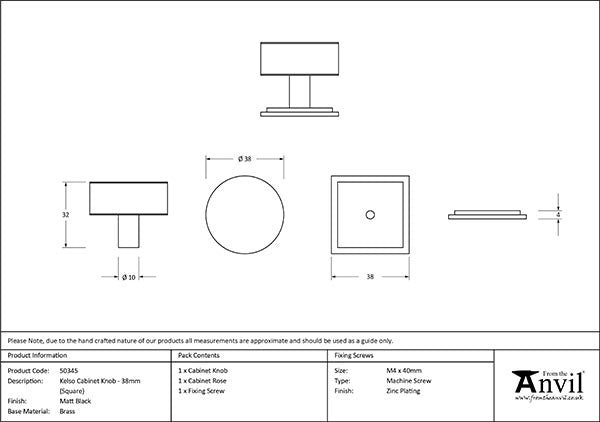 Matt Black Kelso Cabinet Knob - 38mm (Square)