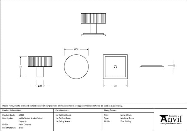 Satin Chrome Judd Cabinet Knob - 38mm (Square)