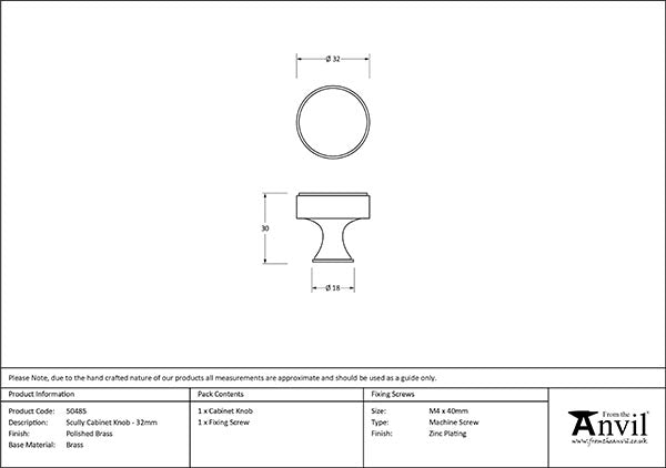 Polished Brass Scully Cabinet Knob - 32mm