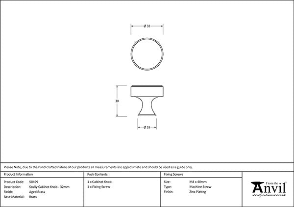 Aged Brass Scully Cabinet Knob - 32mm