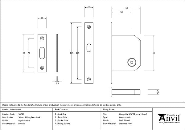 Aged Bronze 50mm Sliding Door Lock