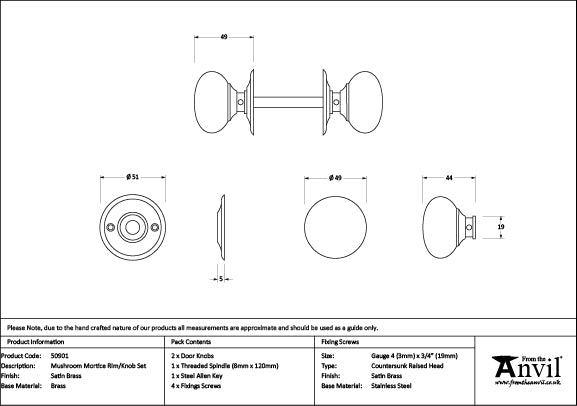 Satin Brass Mushroom Mortice/Rim Knob Set