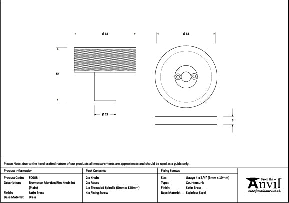 Satin Brass Brompton Mortice/Rim Knob Set (Plain)