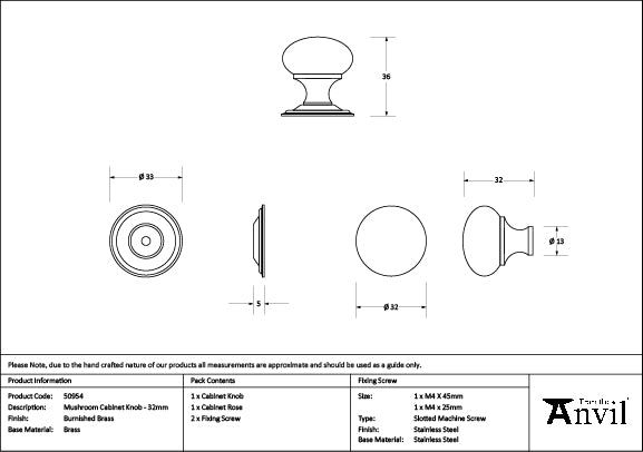 Burnished Brass Mushroom Cabinet Knob 32mm