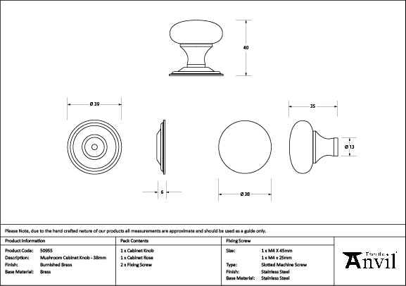 Burnished Brass Mushroom Cabinet Knob 38mm