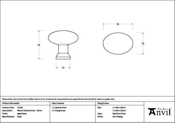 Aged Brass Moore Cabinet Knob - 25mm