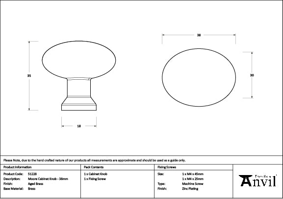 Aged Brass Moore Cabinet Knob - 38mm