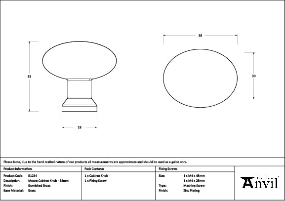 Burnished Brass Moore Cabinet Knob - 38mm