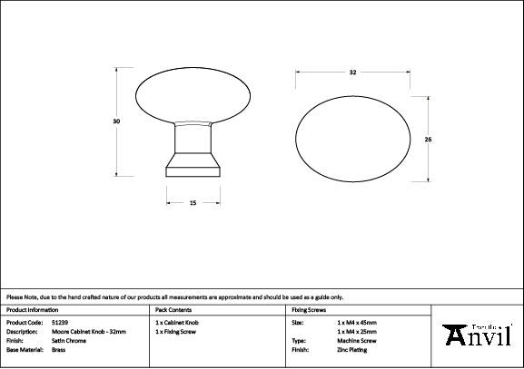 Satin Chrome Moore Cabinet Knob - 32mm