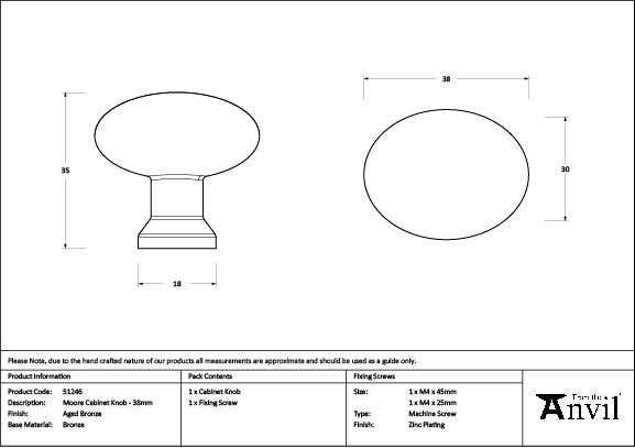 Aged Bronze Moore Cabinet Knob - 38mm