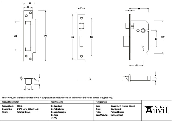 Polished Bronze 2½" 5 Lever BS Sash Lock