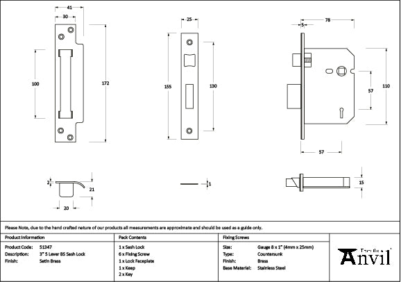 Satin Brass 3" 5 Lever BS Sash Lock