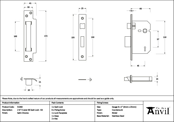 Satin Chrome 2½" 5 Lever BS Sash Lock KA