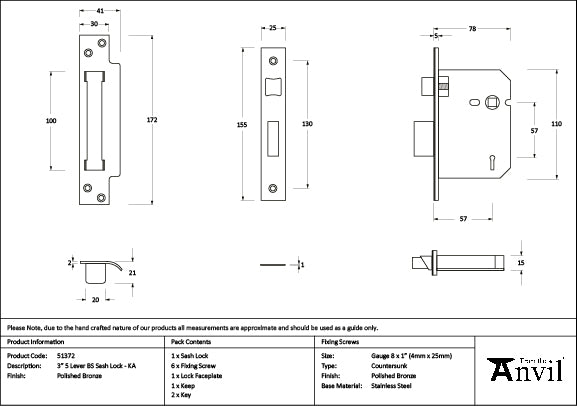 Polished Bronze 3" 5 Lever BS Sash Lock KA