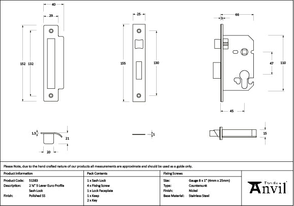 Polished SS 2½" Euro Profile Sash Lock