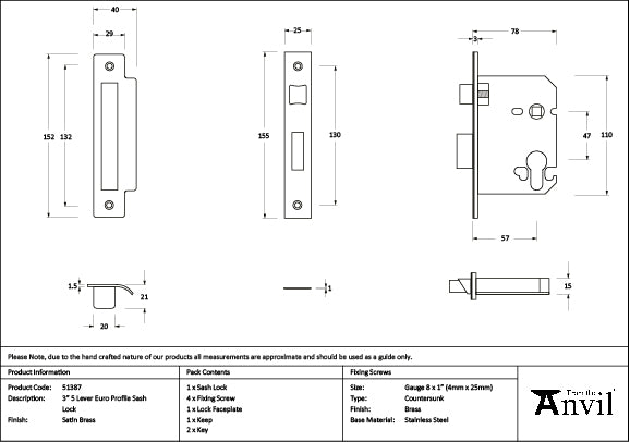 Satin Brass 3" Euro Profile Sash Lock