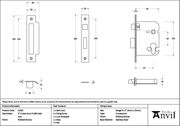 Polished Bronze 3" Euro Profile Sash Lock