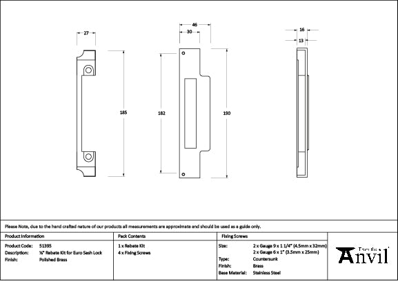 Polished Brass ½" Rebate Kit for Euro Sash Lock