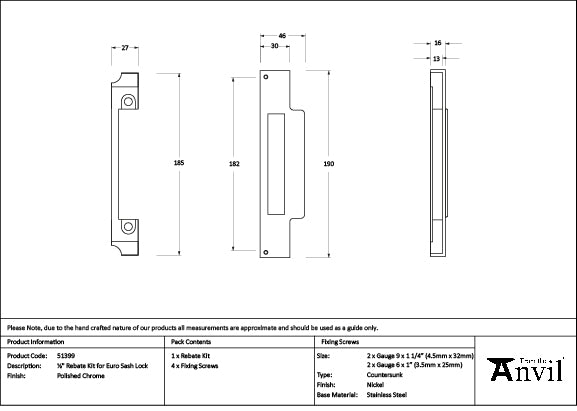 Polished Chrome ½" Rebate Kit for Euro Sash Lock