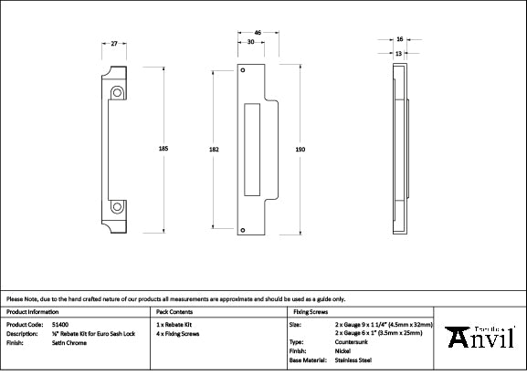 Satin Chrome ½" Rebate Kit for Euro Sash Lock