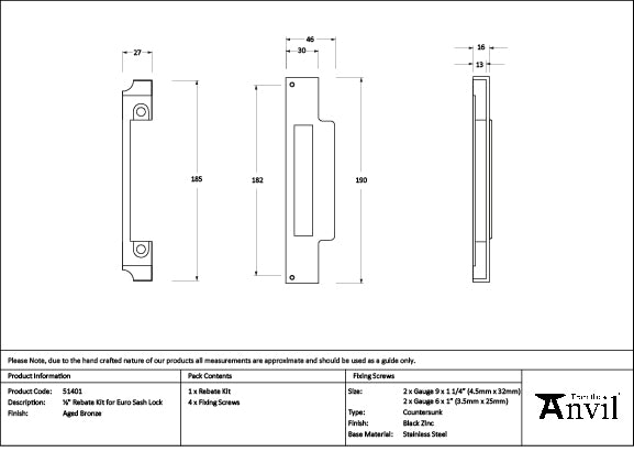 Aged Bronze ½" Rebate Kit for Euro Sash Lock