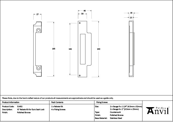 Polished Bronze ½" Rebate Kit for Euro Sash Lock