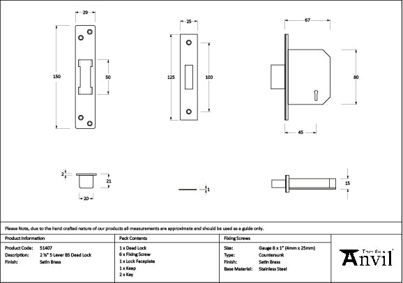 Satin Brass 2½" 5 Lever BS Dead Lock