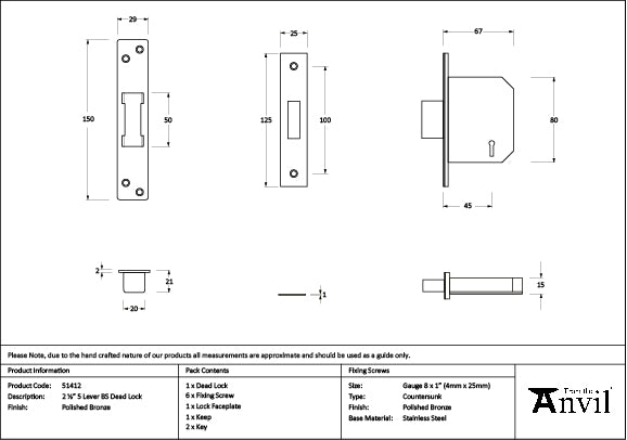 Polished Bronze 2½" 5 Lever BS Dead Lock