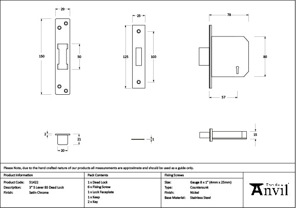 Satin Chrome 3" 5 Lever BS Dead Lock