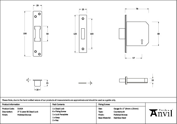 Polished Bronze 3" 5 Lever BS Dead Lock