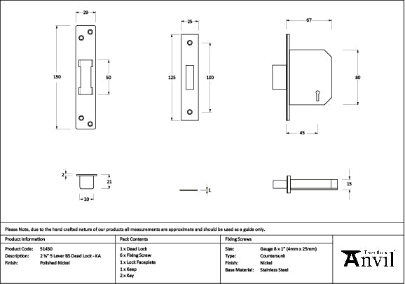 Polished Nickel 2½" 5 Lever BS Dead Lock KA