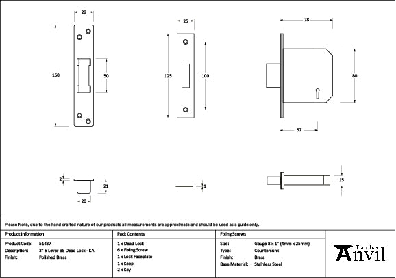 Polished Brass 3" 5 Lever BS Dead Lock KA