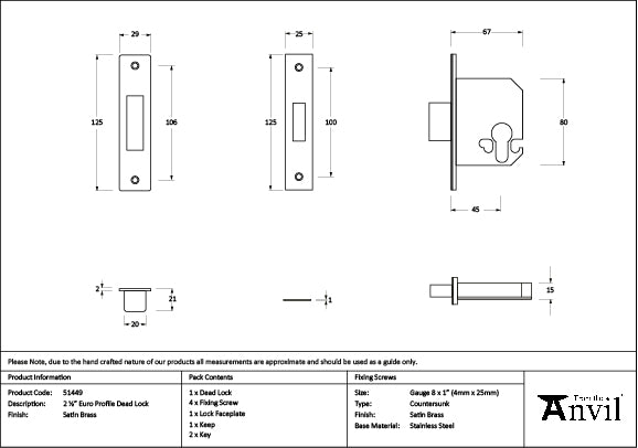 Satin Brass 2½" Euro Profile Dead Lock