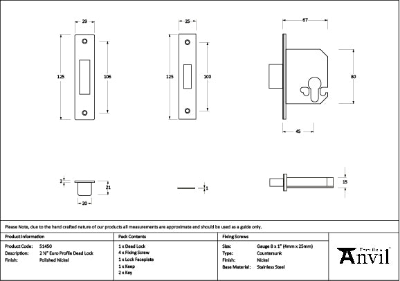 Polished Nickel 2½" Euro Profile Dead Lock