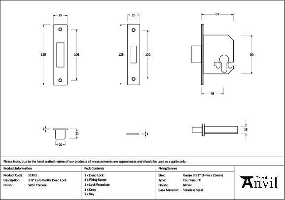 Satin Chrome 2½" Euro Profile Dead Lock