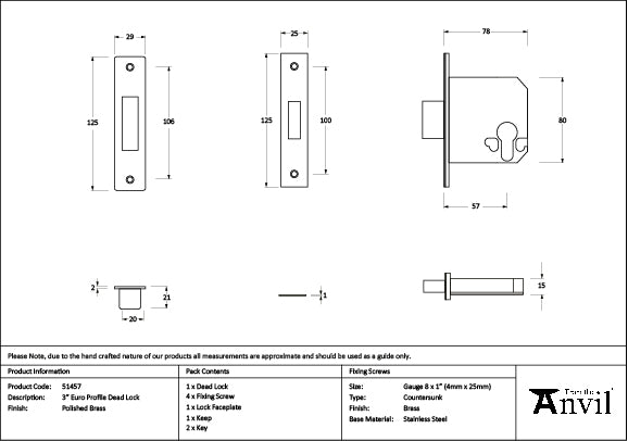 Polished Brass 3" Euro Profile Dead Lock