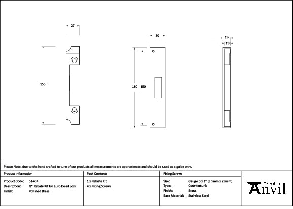 Polished Brass ½" Rebate Kit for Euro Dead Lock