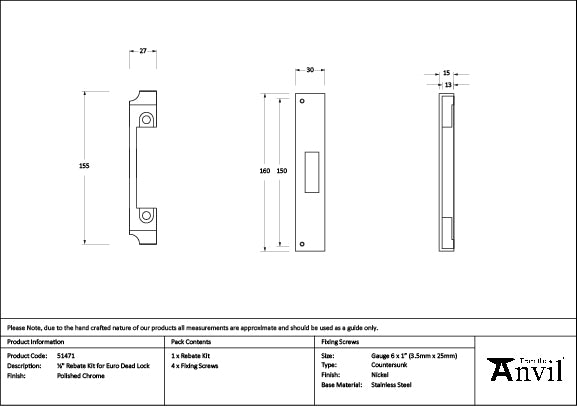 Polished Chrome ½" Rebate Kit for Euro Dead Lock