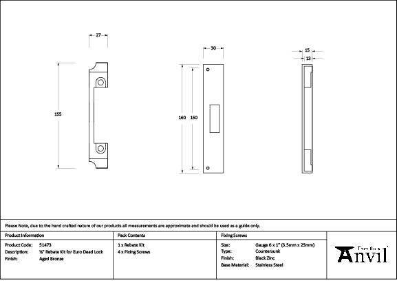 Aged Bronze ½" Rebate Kit for Euro Dead Lock