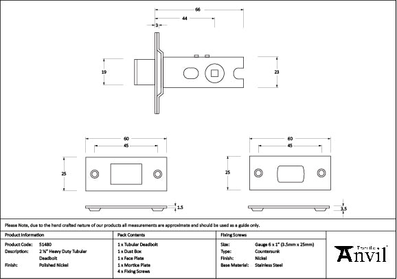 Polished Nickel 2½" Heavy Duty Tubular Deadbolt