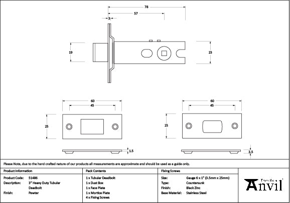 Pewter 3" Heavy Duty Tubular Deadbolt