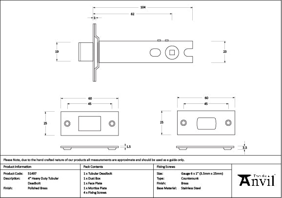 Polished Brass 4" Heavy Duty Tubular Deadbolt