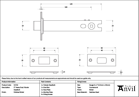 Polished Nickel 5" Heavy Duty Tubular Deadbolt