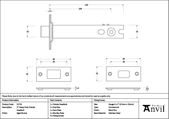 Aged Bronze 5" Heavy Duty Tubular Deadbolt