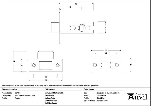 Pewter 2½" Tubular Mortice Latch