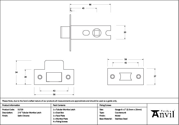 Satin Chrome 2½" Tubular Mortice Latch