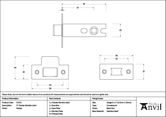 Pewter 3" Tubular Mortice Latch