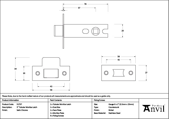 Satin Chrome 3" Tubular Mortice Latch